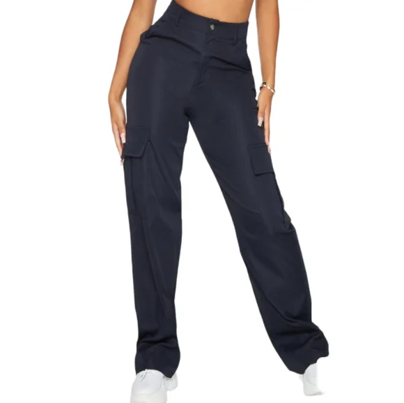 PrettyLittleThing Shape Black Buckle Detail Cargo Wide Leg Pants, Size 14 - Picture 1 of 16